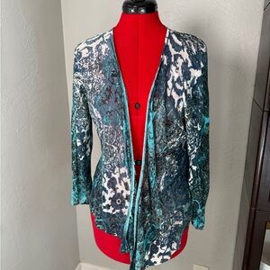 Nic + Zoe Artsy Lagoon Green Linen Blend Open Front Cardigan Size L